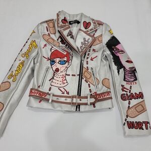 NEVADA LOVE Metallic Silver Graffiti Biker Jacket - Punk Rock Studded . Size S